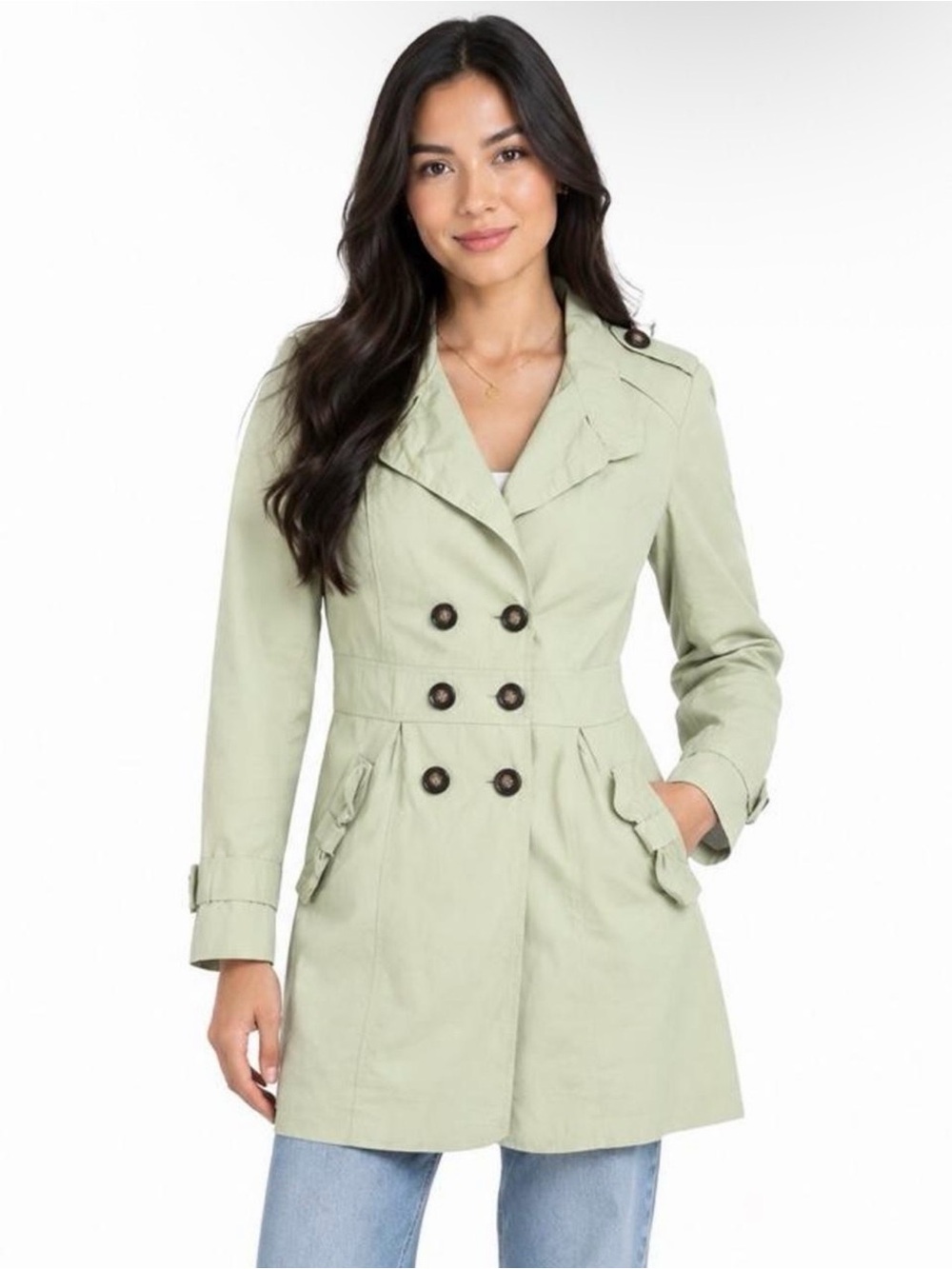 Light Sage Double-Breasted Trench Coat with Tailored Waist